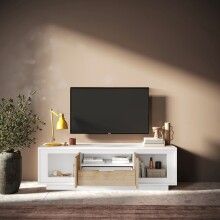 Lowboard >Siena< 2 Türen, 1 Schub, Weiss Lack matt, Cadiz Eiche Dekor - 180x58x50 BxHxT