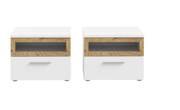 Nachtkommode >MAYACUS< 2er Set, 1 Schublade, 1 Fach, weiß, Eiche Dekor - 52x40,8x41,3cm BxHxT