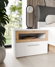 Nachtkommode >MAYACUS< 2er Set, 1 Schublade, 1 Fach, weiß, Eiche Dekor - 52x40,8x41,3cm BxHxT