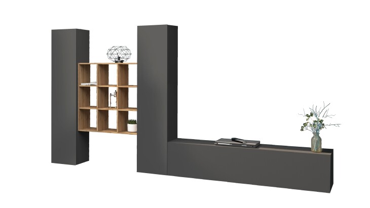 Wohnwand >Benevent< (4-teilig) in Anthrazit matt - 350x180x30 (BxHxT)