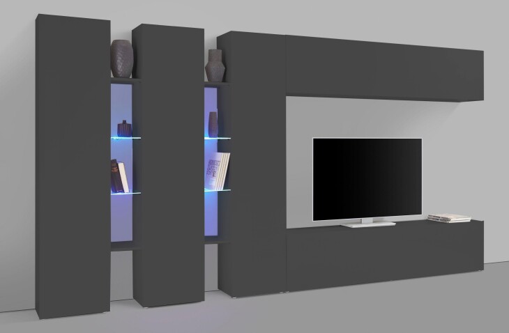Wohnwand >Benevent< (7-teilig) in Anthrazit matt - 340x180x30 (BxHxT)