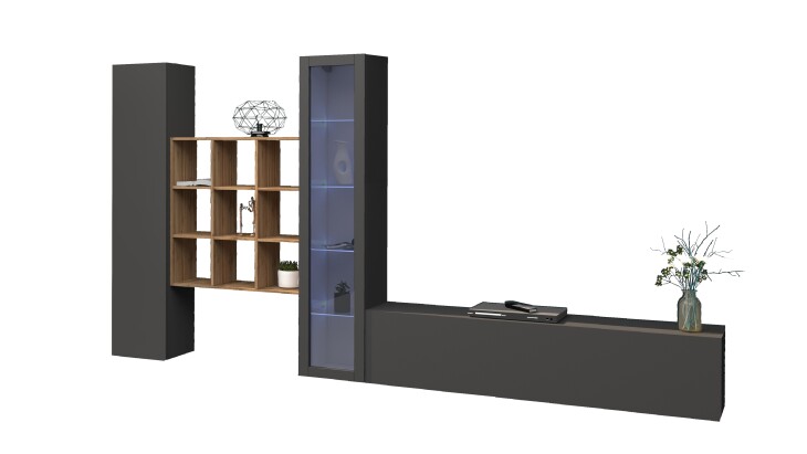 Wohnwand >Benevent< (4-teilig) in Anthrazit matt - 350x180x30 (BxHxT)