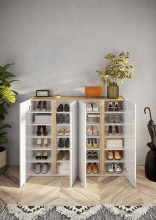 Schuhschrank >Farina< 4 Türen, Weiss Hochglanz Lack / Eiche Cadiz Dekor - 140x111x35cm B/H/T