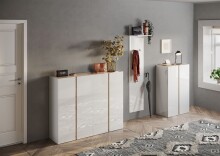 Schuhschrank >Farina< 4 Türen, Weiss Hochglanz Lack / Eiche Cadiz Dekor - 140x111x35cm B/H/T
