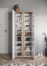 Schuhschrank >Farina< Spiegel, Weiss Hochglanz Lack / Eiche Cadiz Dekor - 70x185x35cm B/H/T