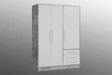 Drehtürenschrank >JUPITER < 3 Türen, 3 Schübe, Betonoptik / Weiss - 144,6x200x60 (BxHxT)