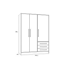 Drehtürenschrank >JUPITER < 3 Türen, 3 Schübe, Betonoptik / Weiss - 144,6x200x60 (BxHxT)