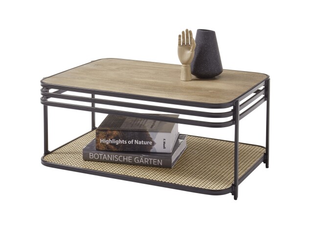 Couchtisch >Bomi< Mango massiv / Metall schwarz / Wiener Geflecht - 92x40x60cm (BxHxT)
