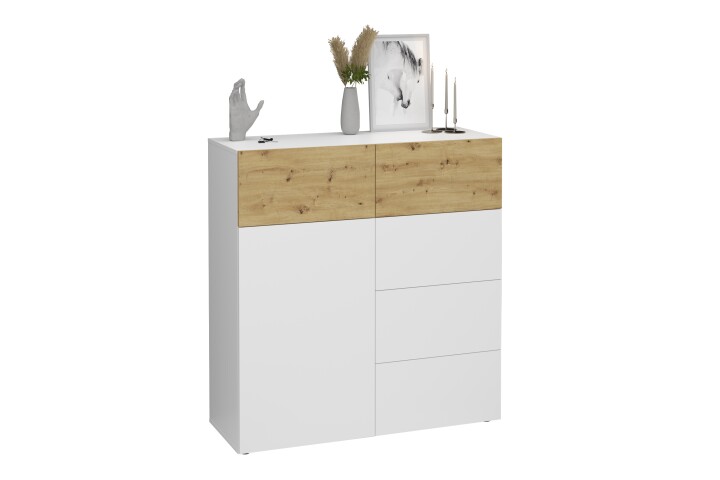Kommode >BELM 1< in Brillantweiß-Artisan Eiche - 109x115x42cm (BxHxT)