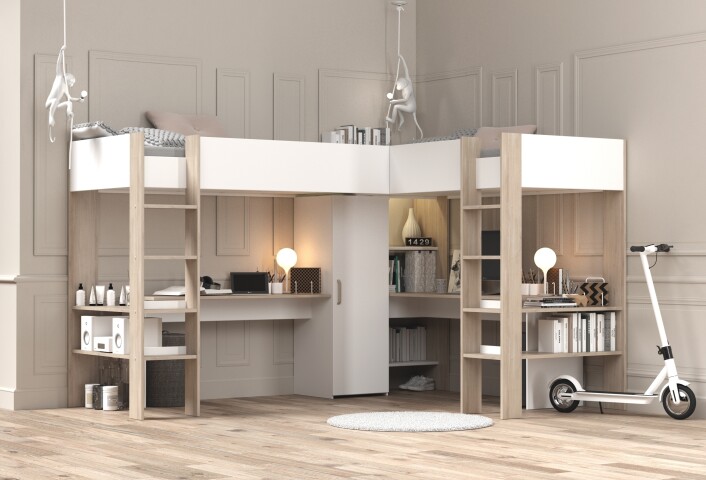 Hochbett >Alex< in Weiss / Jackson Eiche Dekor - 232x296x180cm (LxBxH)
