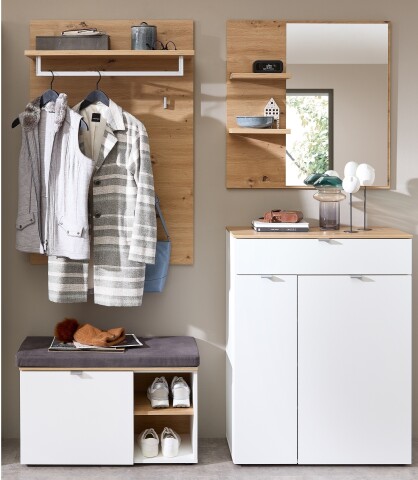 Garderoben-Set >Bari< (4-teilig) weiss matt / Eiche - 158x200x38cm (BxHxT)