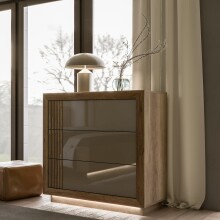 Kommode >SAVONA< LED, 3 Schübe, Beige Glanz / Eiche Antik Dekor - 103x98,2x42,3cm BxHxT