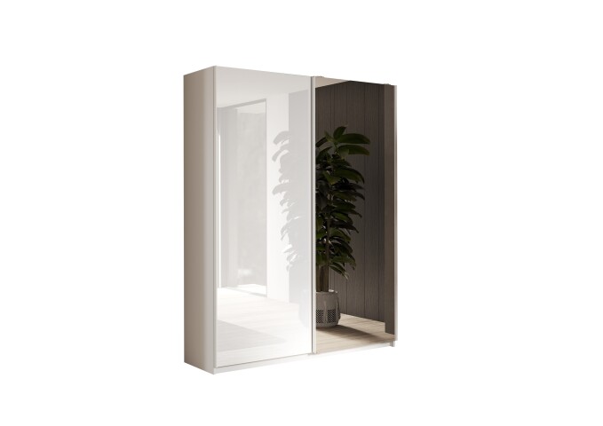 Schwebetürenschrank >Salva< 2 Böden, 2 Stangen, Spiegel, Weiß Hochglanz/Weiß - 180x210x55cm B/H/T