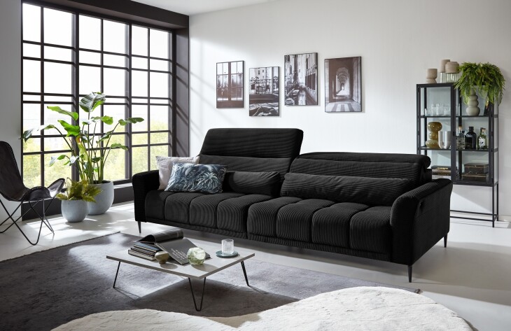 Big-Sofa >Wolve< 2x elektr. Verstellung, 2 Kissen, Cord schwarz - 280x108x118cm (BxHxT)