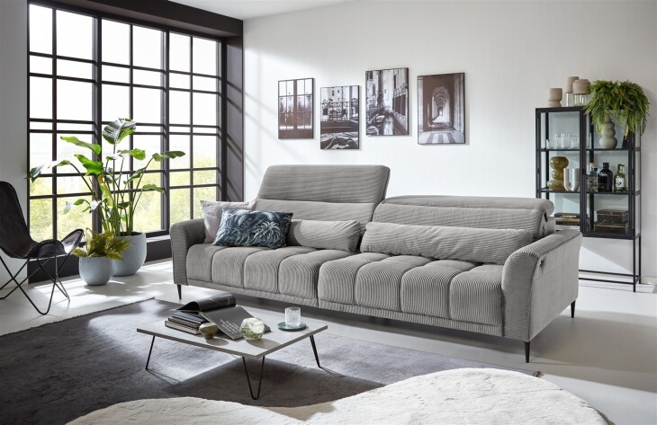 Big-Sofa >Wolve< 2x elektr. Sitzverstellung, Cord silbergrau - 280x108x118cm (BxHxT)