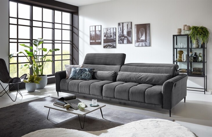 Big-Sofa >Wolve< Kopfteilverstellung, 2 Kissen, Cord dunkelgrau - 280x108x118cm (BxHxT)