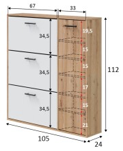 Schuhschrank >CLASS< 3 Klappen, 1 Tür, Nodi Eiche Dekor /Artik Weiß - 105x112x24 (BxHxT)