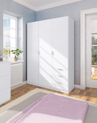 Kleiderschrank >LC-180< 3 Schübe, in Weiß - 121x180x52 (BxHxT)