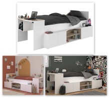 Hochbett >Cleo 1< Stauraum, Liegefl. 90x200, Weiss / Eiche Dekor - 241x116x90cm (LxBxH)