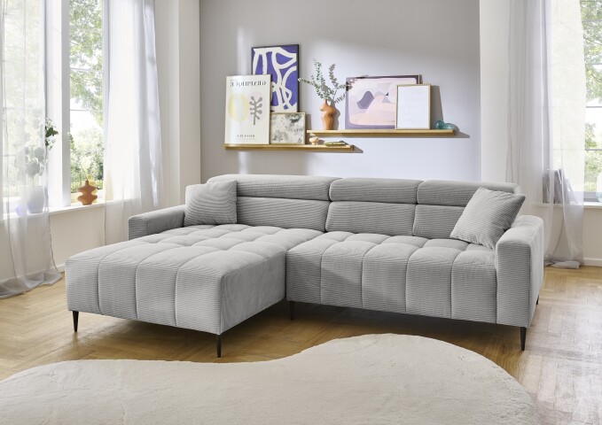 Wohnlandschaft >Stanislaw< elektr. Sitztiefenverstellung, Cord silbergrau - 256x100x180cm (BxHxT)