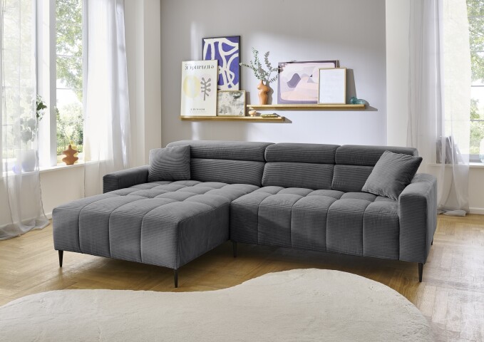 Wohnlandschaft >Stanislaw< elektr. Sitztiefenverstellung, Cord grau - 256x100x180cm (BxHxT)