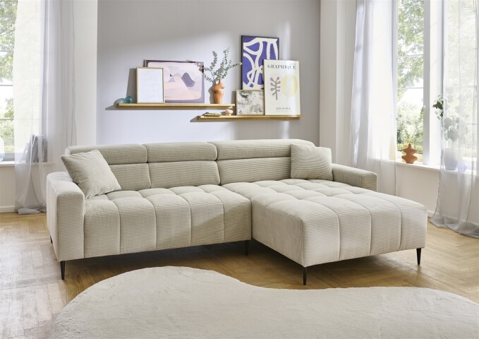 Wohnlandschaft >Stanislaw< elektr. Sitztiefenverstellung, Cord taupe - 256x100x180cm (BxHxT)