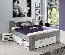 Stauraumbett >Bob< in Betonoptik Lichtgrau / Weiss  - 203,6x86x143,4cm (BxHxT)