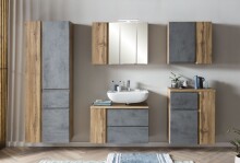 Waschbeckenunterschrank >Paris< in Betongrau, Wotaneiche, MDF - 85x54x35 (BxHxT)