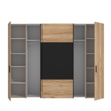 Dreh-/Schwebetürenschrank >DALATE< 4 Türen, in Catania Eiche / Schwarz - 270,3x210x61,2cm (BxHxT)