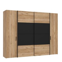 Dreh-/Schwebetürenschrank >DALATE< 4 Türen, in Catania Eiche / Schwarz - 270,3x210x61,2cm (BxHxT)