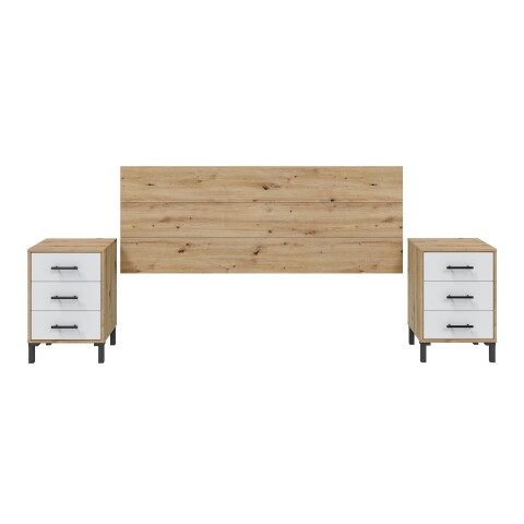 Bettrückwand >ENZO< Kopfteil, 2 Nachtkommoden, Eiche Dekor / Weiß - 160x60x2,5 (BxHxT)
