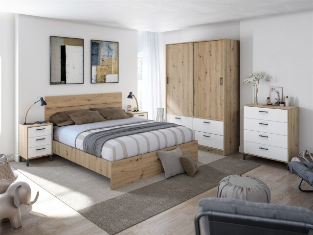 Schlafzimmer-Set >ENZO< (5-teilig) in Nodi Eiche Dekor / Artik Weiß, Bett, Nachtkonsole, Kommode