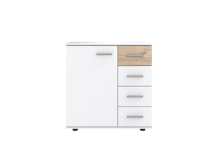 Kombikommode >Budapest< 1 Türen, 4 Schübe, weiss / Hickory-Eiche-Dekor - 81x83x41cm (B/H/T)