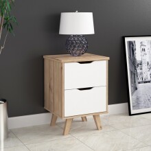 Nachtkommode >VANKKA< 2 Schübe, Planked Eiche Dekor / Weiss - 45x63,9x42cm (BxHxT)