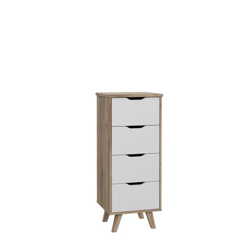 Hochkommode >VANKKA< 4 Schubladen, Planked Eiche Dekor / Weiss - 45x108,7x42cm (B/H/T)