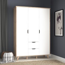 Kleiderschrank >VANKKA< 2 Schübe, Planked Eiche Dekor / Weiss - 139,4x201,5x52,7cm (B/H/T)