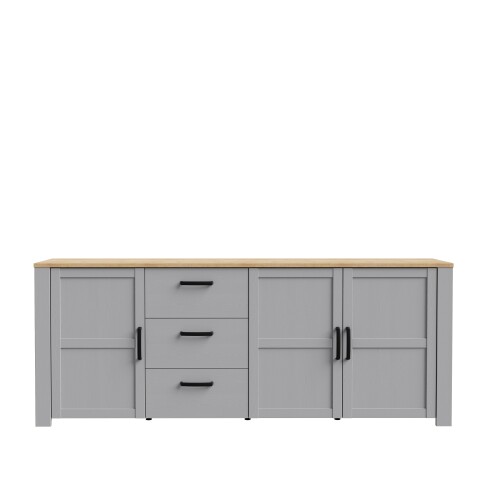 Sideboard >BOHOL< 3 Türen. 3 Schübe, Riviera Eiche / Eiche grau - 220,8x87x42cm (BxHxT)