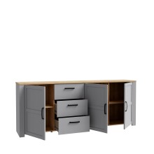 Sideboard >BOHOL< 3 Türen. 3 Schübe, Riviera Eiche / Eiche grau - 220,8x87x42cm (BxHxT)