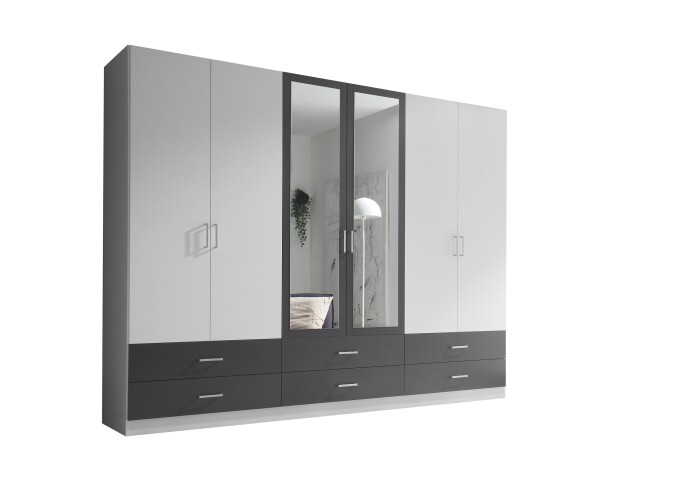 Drehtürenschrank >Janne< 6 Schübe, 6 Türen, Weiß / Graphit / 2x Spiegel - 272x211x55cm (BxHxT)