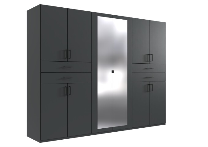 Drehtürenschrank >Taiga< 4 Schübe, 10 Türen, Spiegel, Graphit - 270x208x58cm (BxHxT)