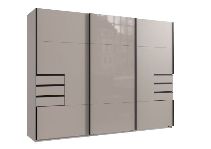 Schwebetürenschrank >Saigon< 6 Schubladen, SAHARAGRAU + GLAS SAHARAGRAU - 270x208x64cm (B/H/T)