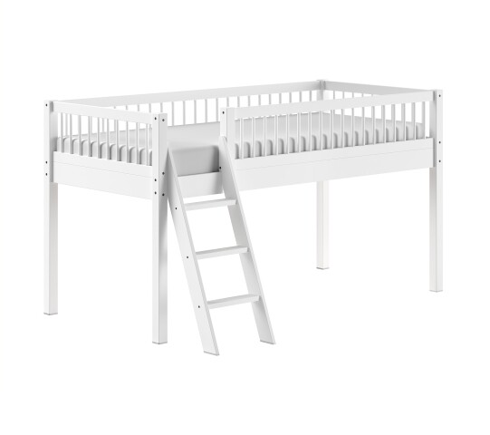 Hochbett >Buche Massiv< Rollrost, 90x200cm, Buche massiv weiß - 207,5x114x97,5 (BxHxT)