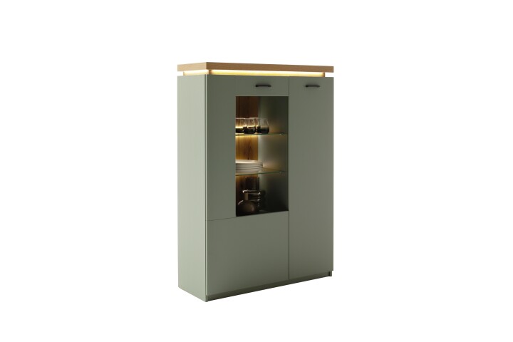 Highboard >MONIZ< 2 Türen, LED, in Salbei grün/ Eichenfarben Dekor - 98x144x38 (BxHxT)