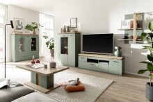 Highboard >MONIZ< 2 Türen, LED, in Salbei grün/ Eichenfarben Dekor - 98x144x38 (BxHxT)