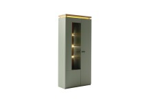 Stauraumvitrine >MONIZ< 2 Türen, LED, in Salbei grün / Eichenfarben Dekor - 88x197x38 (BxHxT)