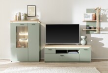 Stauraumvitrine >MONIZ< 2 Türen, LED, in Salbei grün / Eichenfarben Dekor - 88x197x38 (BxHxT)