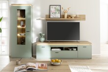 Wohnwand >MONIZ< (3-teilig) mit LED, Salbei grün/Eiche Evoke Dekor - 280x198x44 (BxHxT)