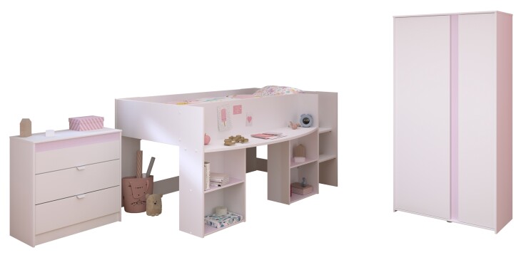 Jugendzimmer-Set >Pirouette 12< (3-teilig) in Weiss, mit drehbaren Elementen in Rosa oder Grau