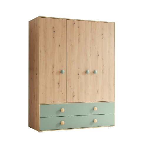 Kleiderschrank >Birta< 2 Schübe, 3 Türen, Artisan Eiche Dekor /Salbei - 153,8x200x58,2 (BxHxT)