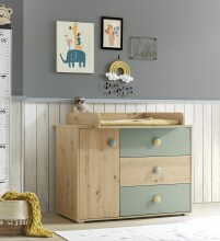 Wickelkommode >Birta< 3 Schübe, 1 Tür, Artisan Eiche Dekor /Salbei - 120x99,3x77,6cm (BxHxT)